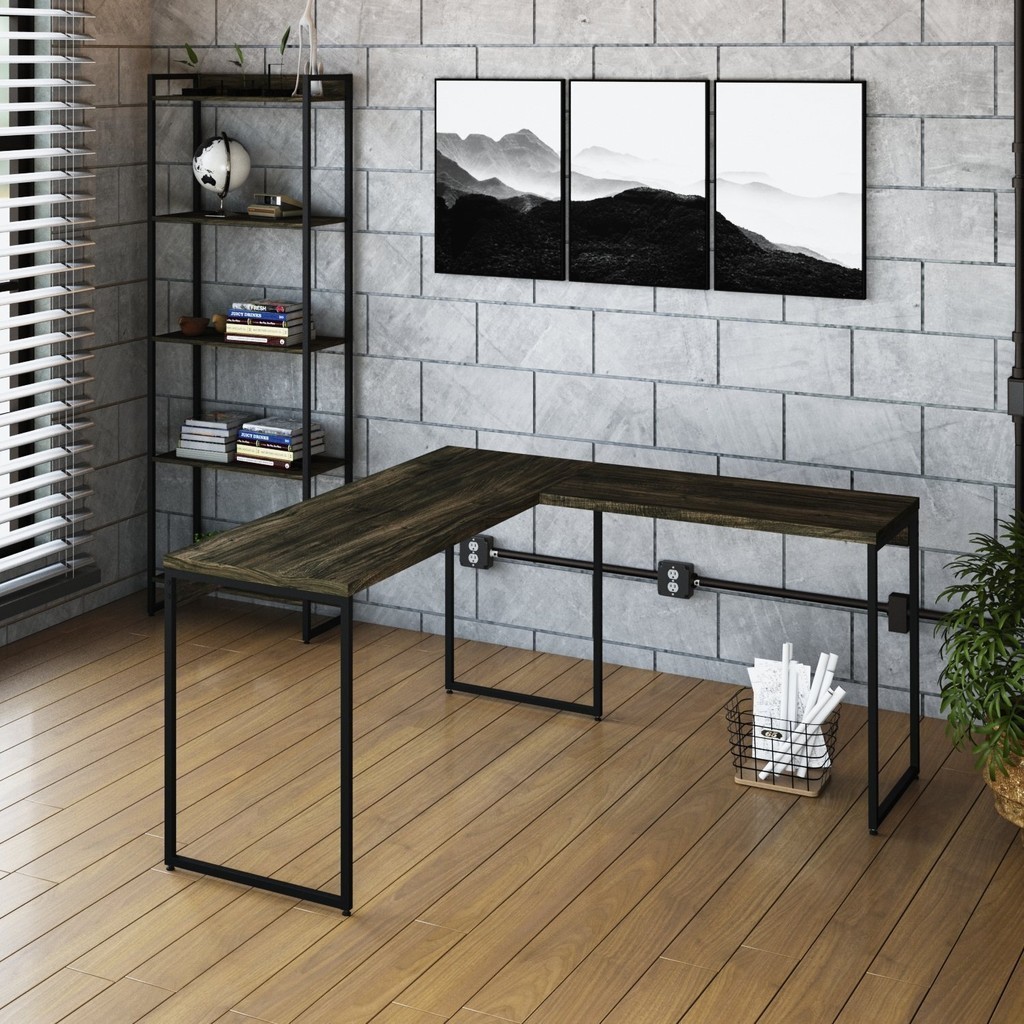 Escrivaninha Mesa Escritório L Estilo Industrial 150x140cm Dynamica Yescasa Carvalho Dark/Preto