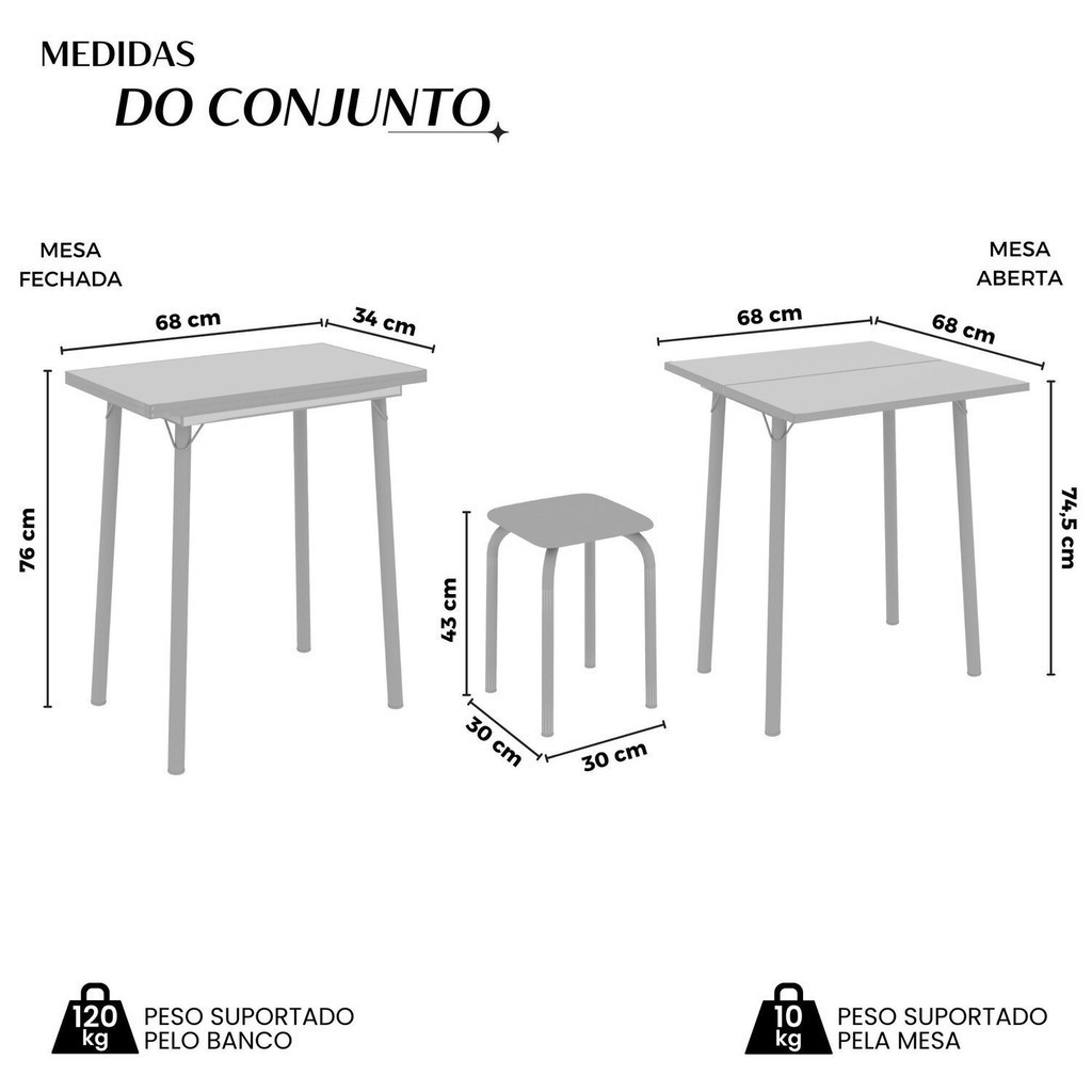 Detalhes do Conjunto Mesa Dobrável com 4 Banquetas Bali Creme/Mart Prata