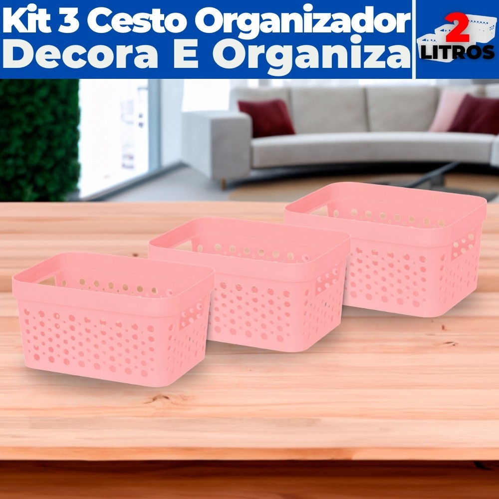 Kit 3 Cestos Organizador Trama Rattan s/ Tampa 2L Multiuso de Plástico Ideal Para Armários E Gavetas