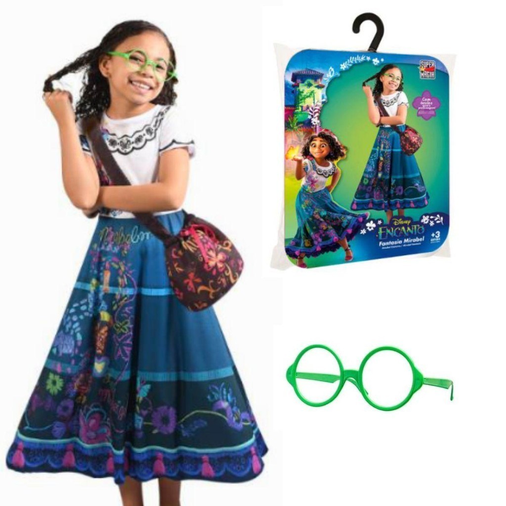 Vestido Mirabel Infantil de Luxo Fantasia Encanto Original Com Bolsa e Óculos