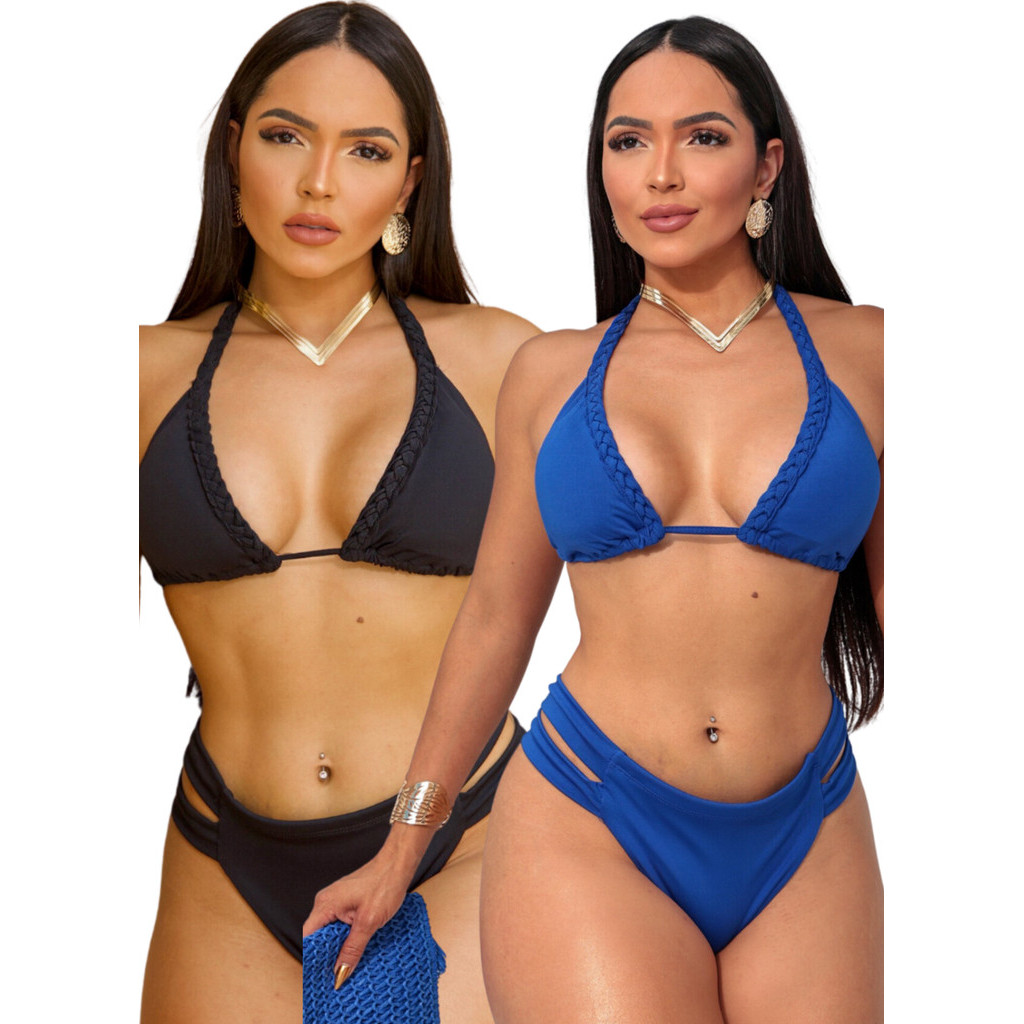Kit 2 Biquinis Cintura Alta Hotpant Cortininha C Trança Bojo em Oferta na Shopee