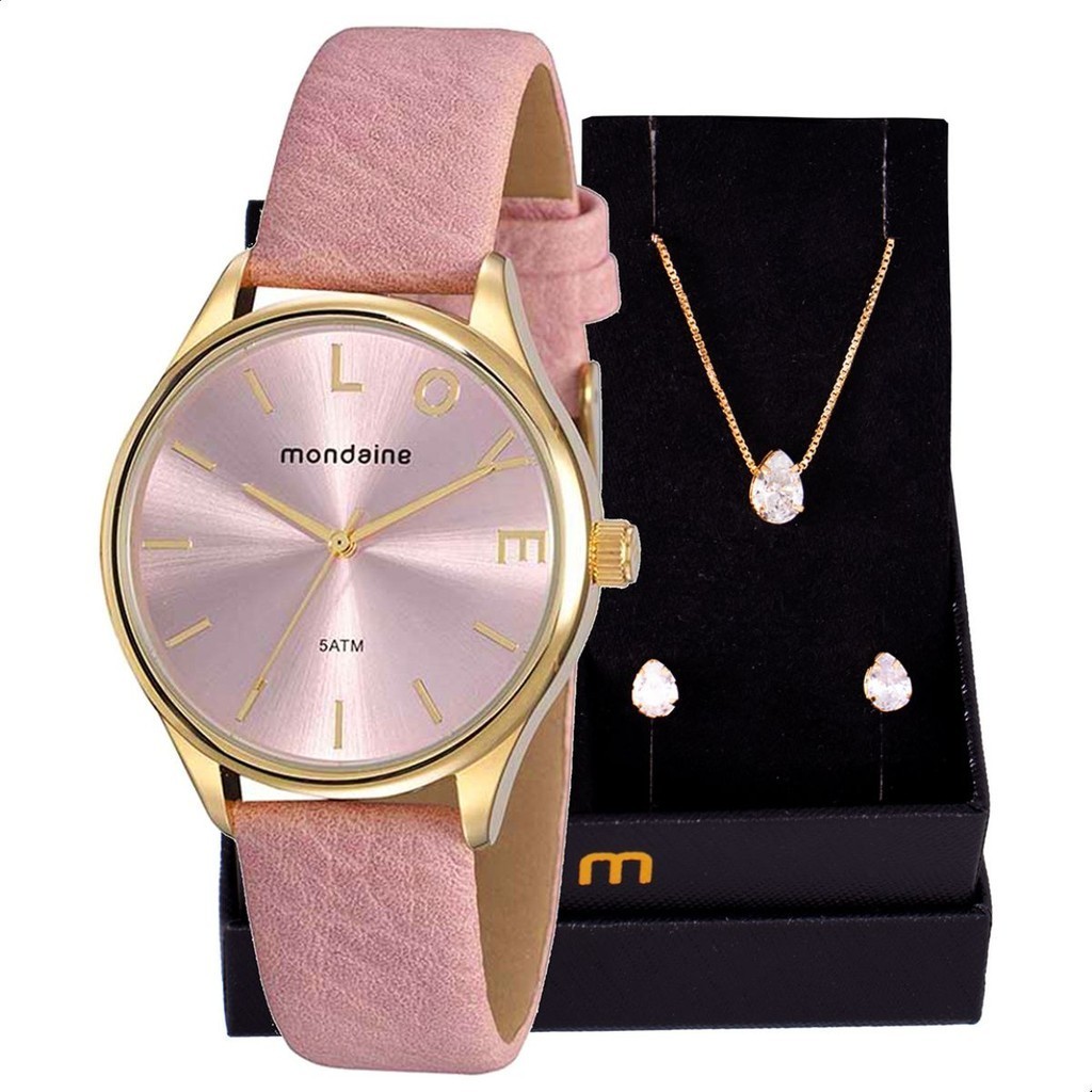 Relógio Feminino Mondaine Texturizado Rosa Casual Analógico + Colar e Brincos 76743LPMVDH1 - Watches
