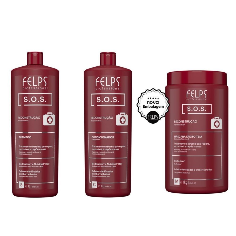 Kit Felps SOS - Shampoo 1Litro + Condicionador 1Litro + Máscara 1Kg Ressurreição Capilar