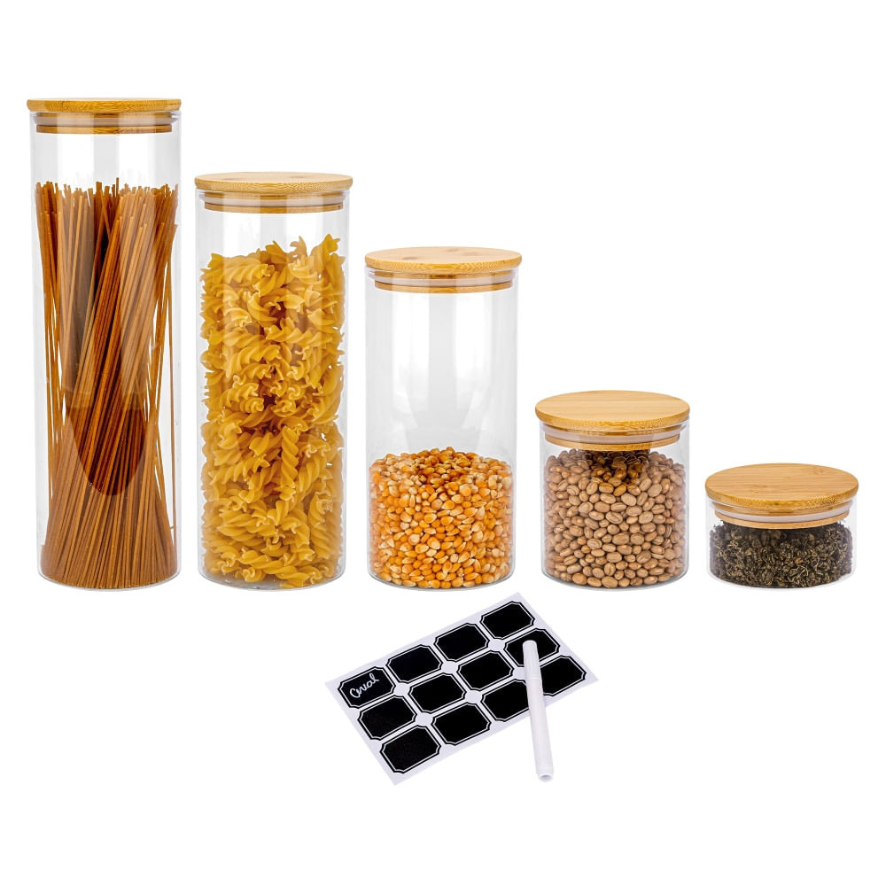 Kit 5 Potes De Vidro Herméticos Redondo Biscuitt Orbb Mantimentos Tampa Bambu em Oferta na Shopee