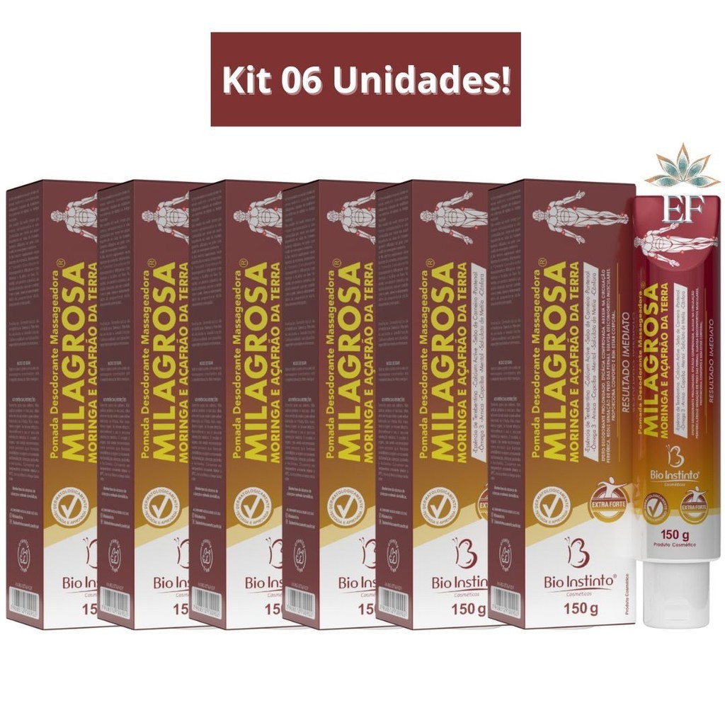 Kit 6 Unidades Pomada Massageadora Milagrosa Com Moringa e Açafrão da Terra 150g Bio Instinto