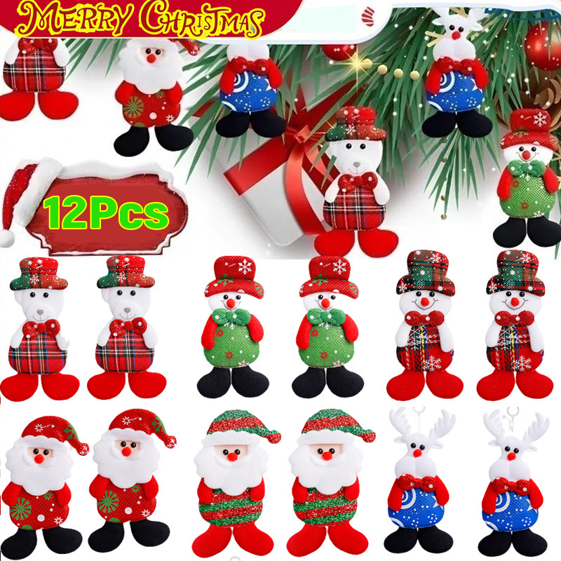 12Pcs/Set Pingente De Boneca De Tecido De Natal-Decorações De Papai Noel Elk Cartoon-Ornamento Pendurado Na Árvore Adereços Para Decoração Da Atmosfera Do Festival-Suprimentos Pendurar Festas
