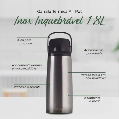 Detalhes do Garrafa Air Pot Inox Inquebrável 1,8 litros