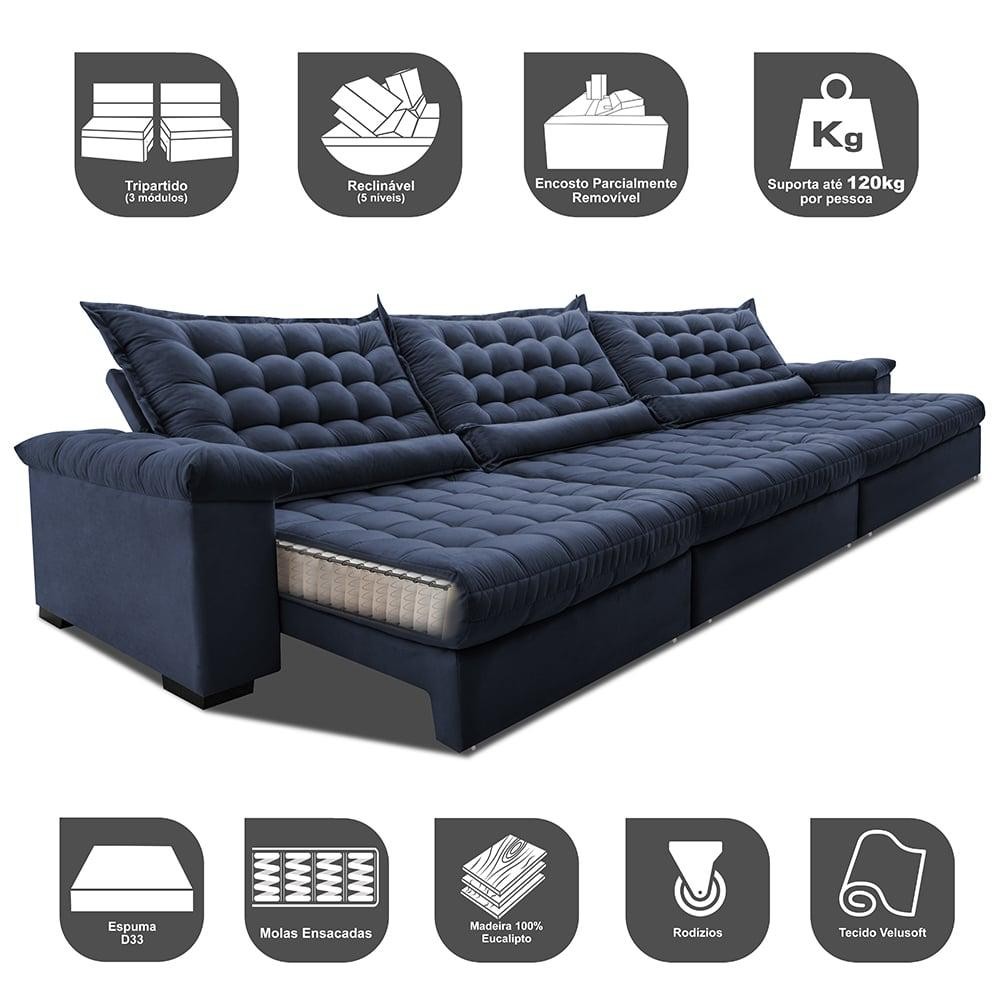 Detalhes do Sofá Retrátil e Reclinável 3,55m Molas Ensacadas Cama inBox Big Space com Bordado 3D Velusoft Azul