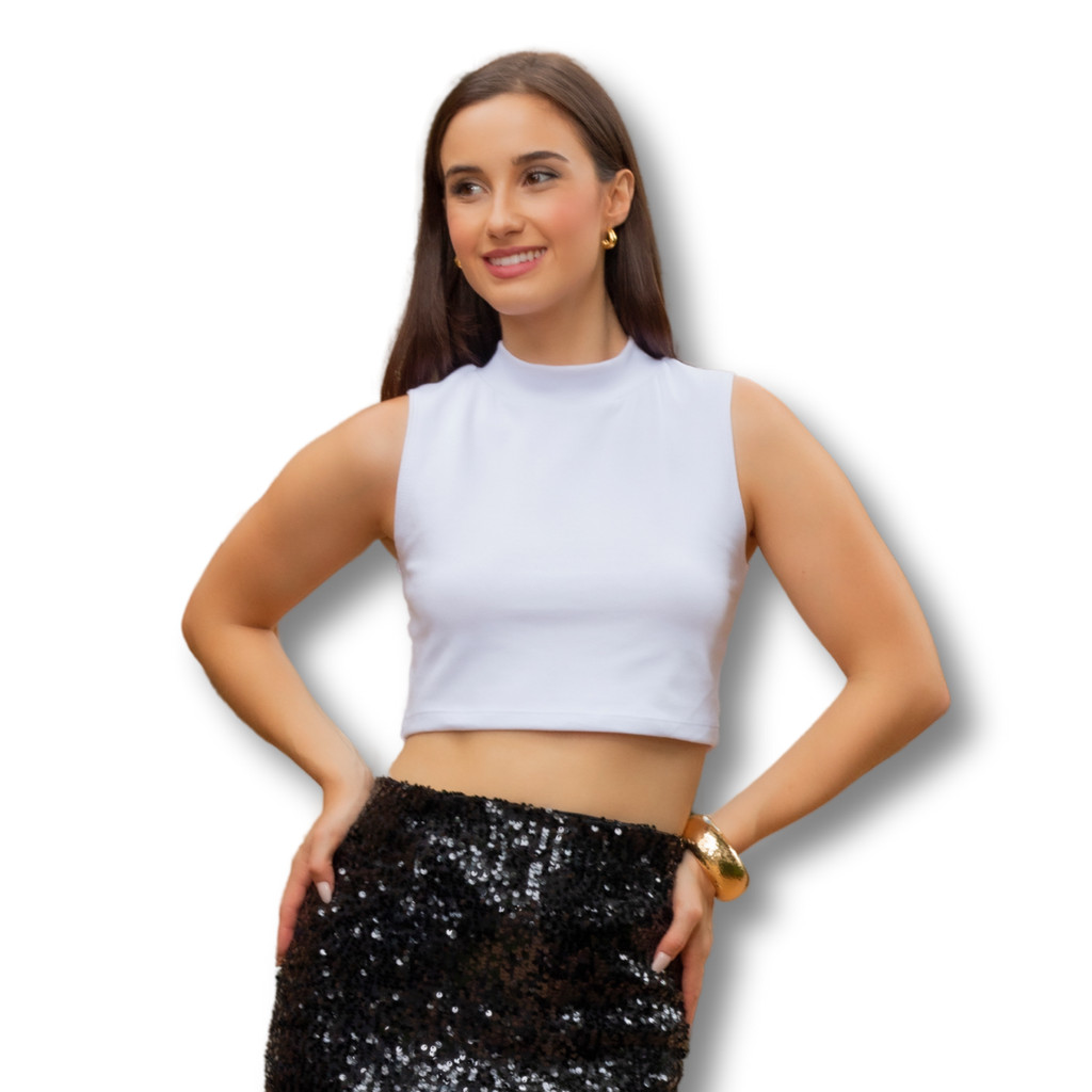 Blusa Top Cropped Sem Manga Regata Tecido Lanzinha Gola Estilosa Modesta Casual Chique Tendência  Confortável Elegante Inverno Verão
