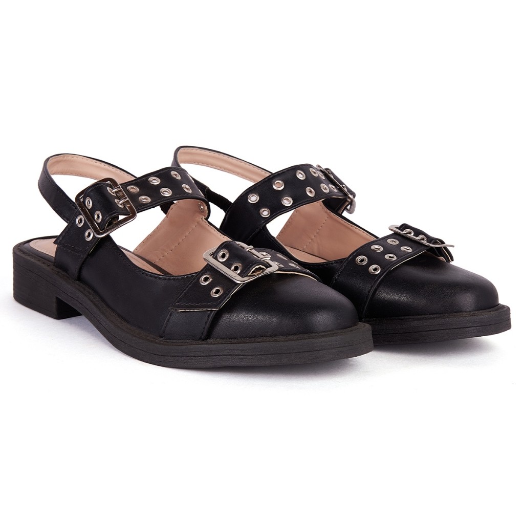 Mule Feminino com Metais Ilhós Fivela SlingBack Sapato Bico Redondo Moderno Sapatilha Moda Conforto