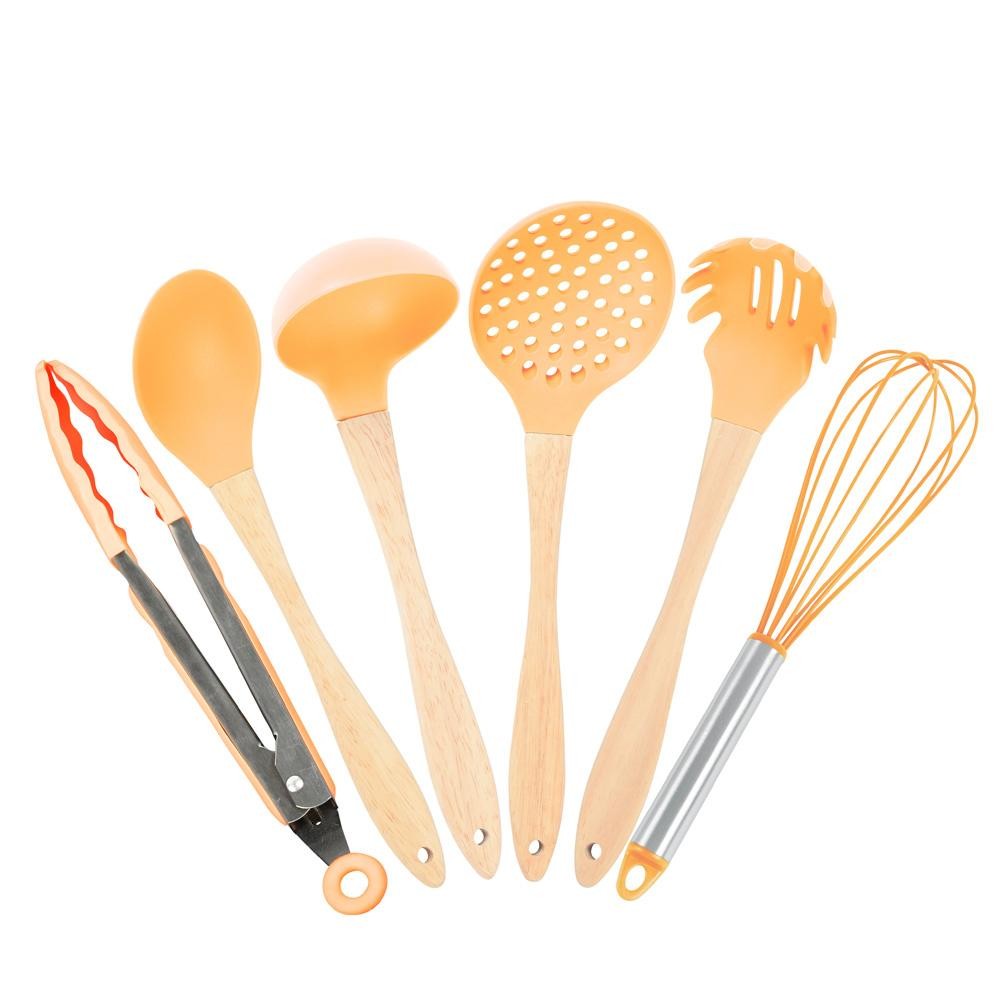 Conjunto de Utensílios de Cozinha Multiuso Kit 6 Peças Master Coral em Inox Silicone e Madeira