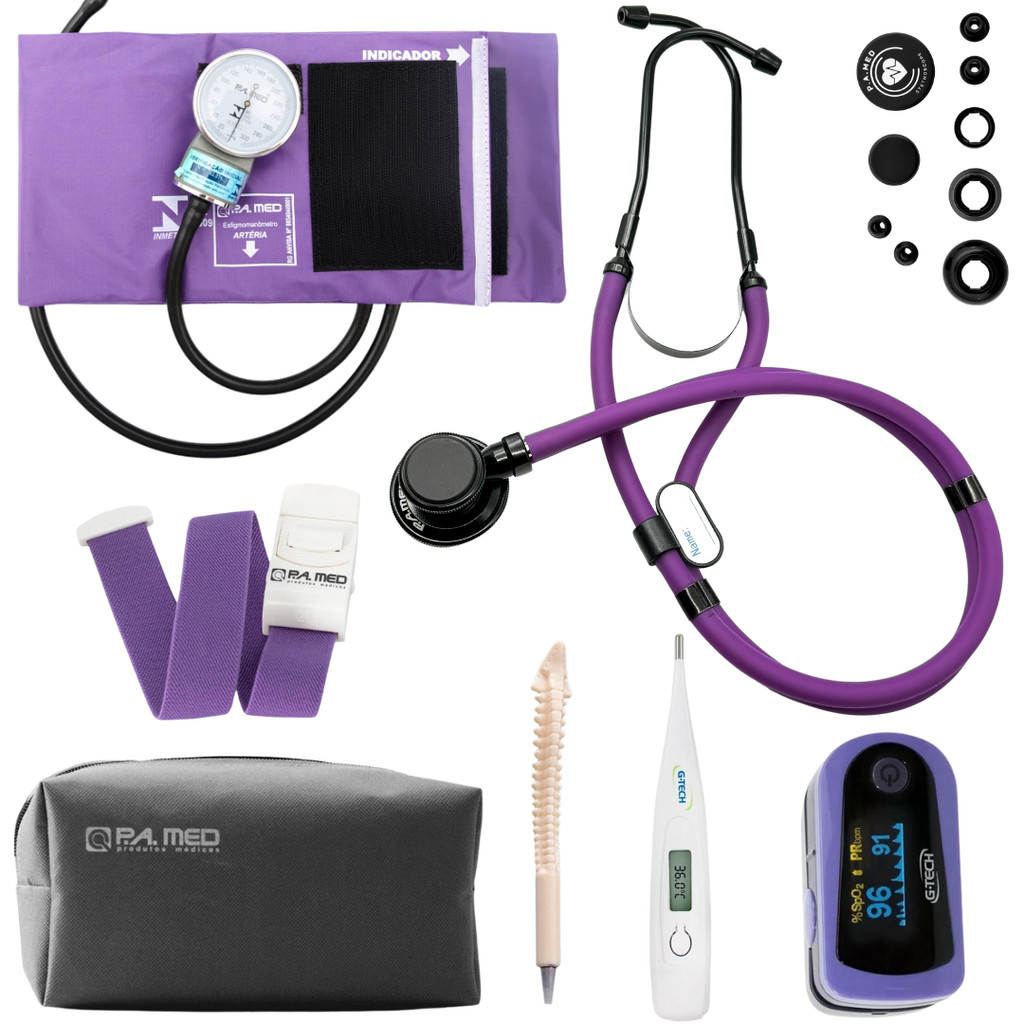 Kit Enfermagem Completo Estetoscópio Ap Pressão Garrote Oxímetro Termômetro (Roxo Black)