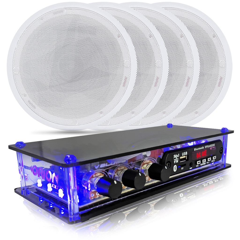 Kit Som Ambiente 4 Caixas de Som Arandelas de Embutir Gesso Pvc +  Amplificador Bluetooth Usb Aux 2 Canais