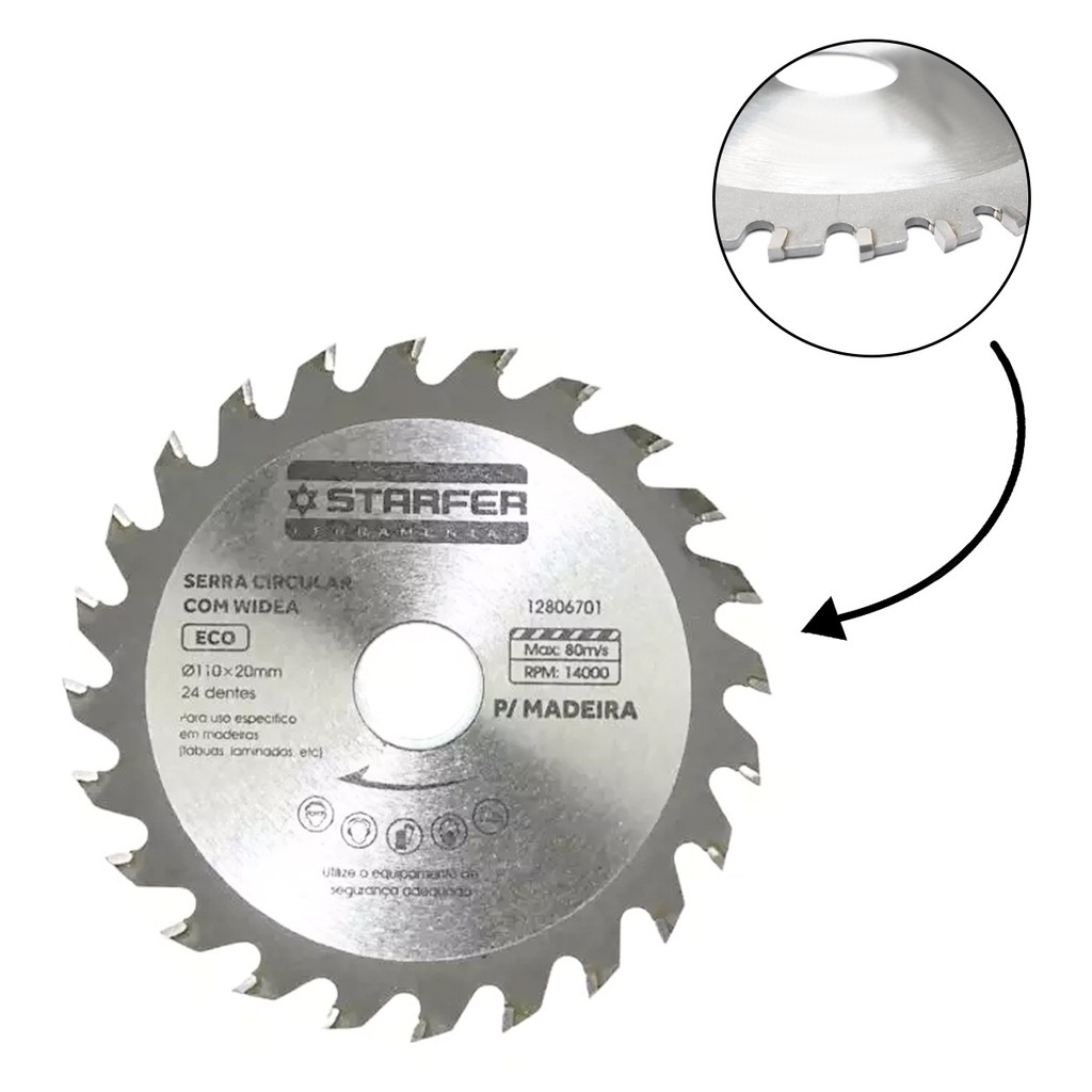 Disco para Serra Circular ECO Wídea Dentes de Metal Duro e Resistente 110mm x 20mm Alto Rendimento p/Madeira 24 Dentes