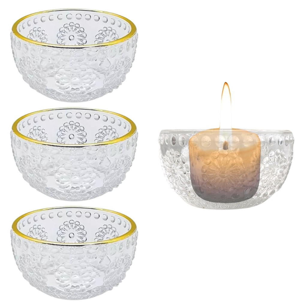 3 Portas Velas Floral Castiçal Vidro Redondo Borda Dourado