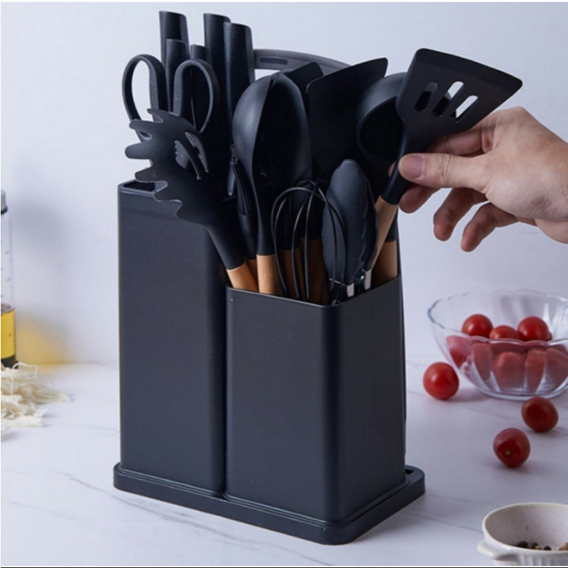 Kit Completo Jogo de Cozinha Luxo 19 Peças Com Tábua em Silicone Espátula Faca Tesoura Utensílios