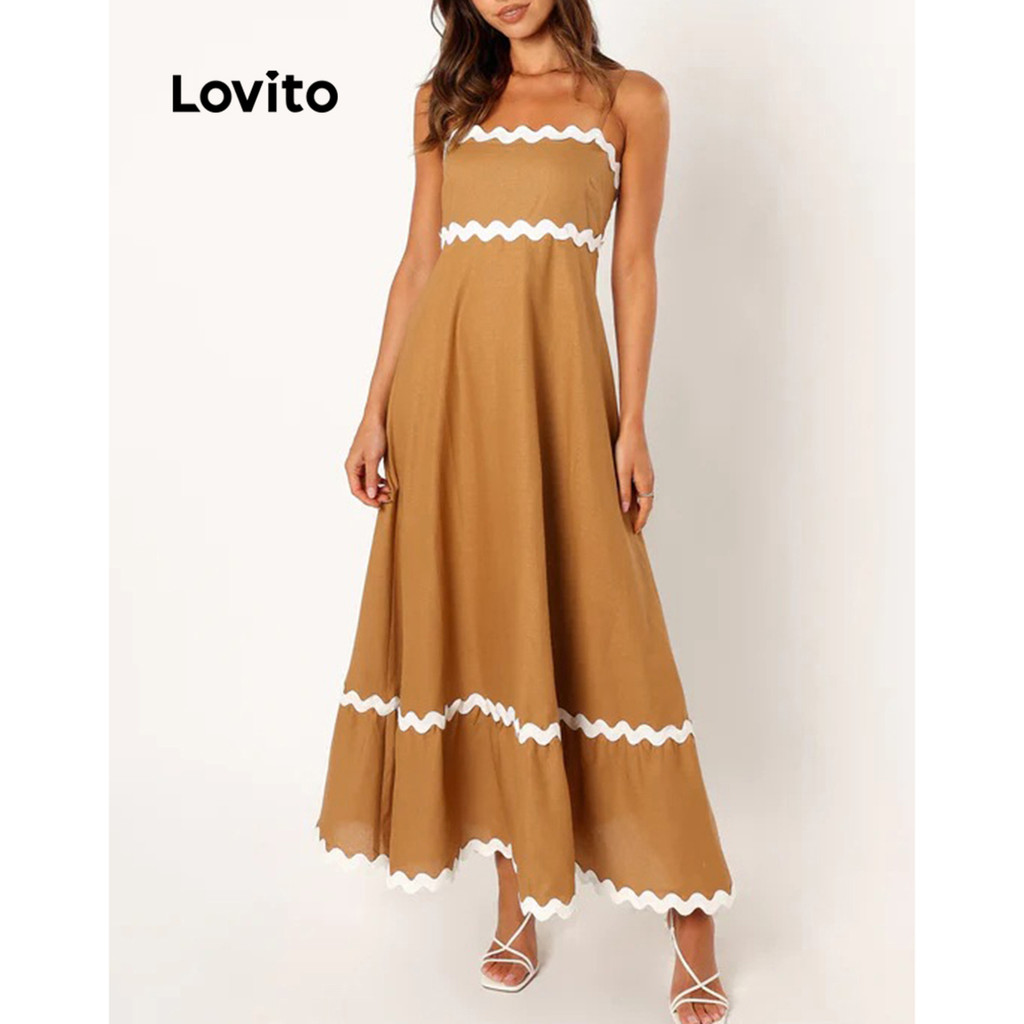 Lovito Elegante Vestido Liso com Fita Contrastante para Mulheres LNL43171