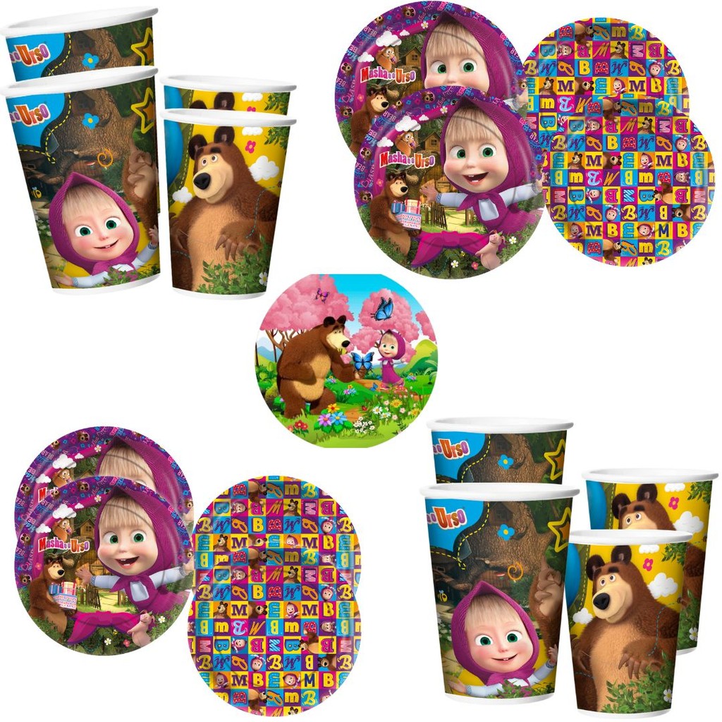 KIT FESTA MASHA E O URSO  16 PRATOS + 16 COPOS DESCARTÁVEL 180 Ml PAPEL- REGINA em Oferta na Shopee