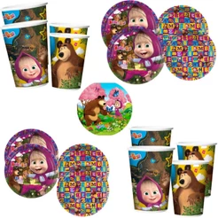 KIT FESTA MASHA E O URSO 16 PRATOS + 16 COPOS DESCARTÁVEL 180 Ml PAPEL- REGINA (CHOCO)