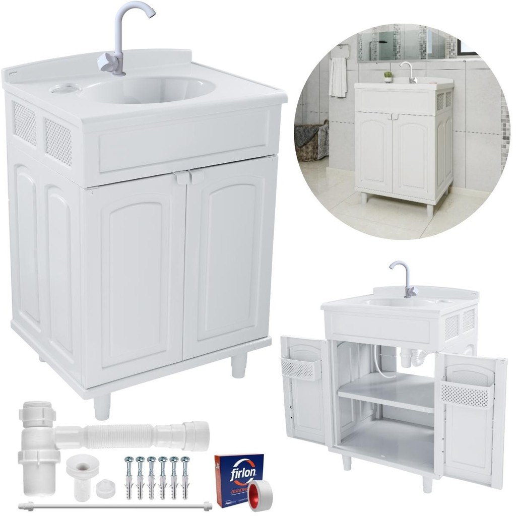 Kit Gabinete 2 Portas para Banheiro com Lavatório Torneira e Fita Veda Rosca Conjunto Standard Banheiro Casa