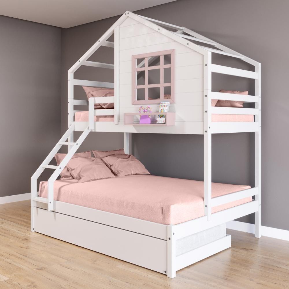 Treliche Casinha Janela Casal/Solteiro Madeira Branco-Rosa