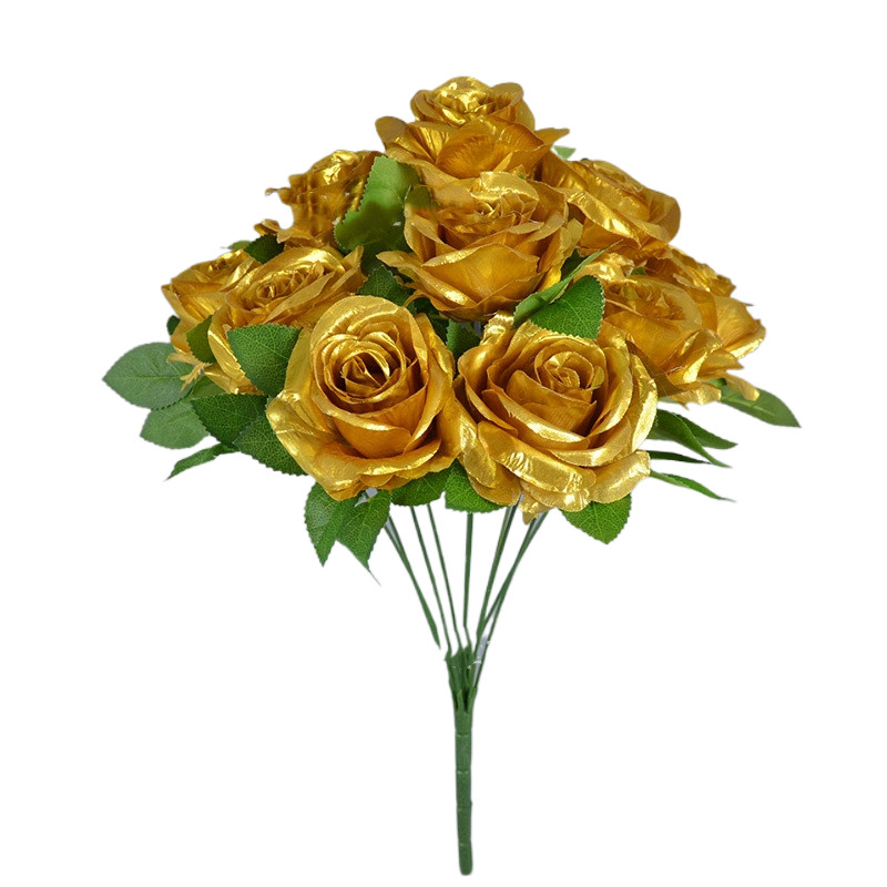 Buquê De Flores De Rosas Artificiais , Casamento De Seda , Rosa Dourada Prateada Noiva Falsas