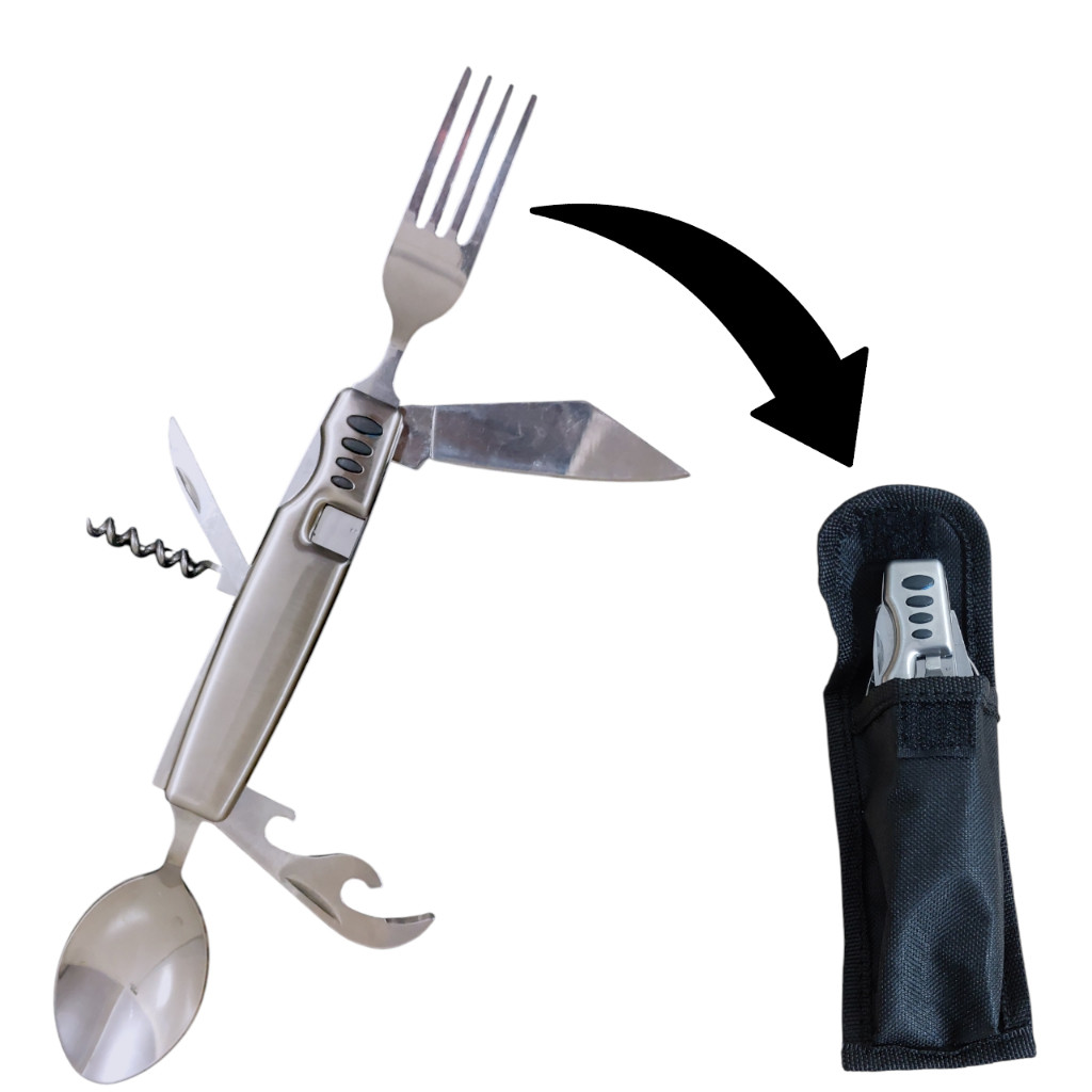 Colher Garfo Camping Canivete Sobrevivencia Aço Inox Multiuso em Oferta na Shopee