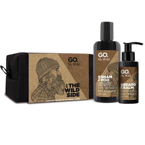 Kit Necessaire Go Man linha Mr Wild - Shampoo + Balm de Barba + Necessaire de couro sintético exclusiva feita a mão