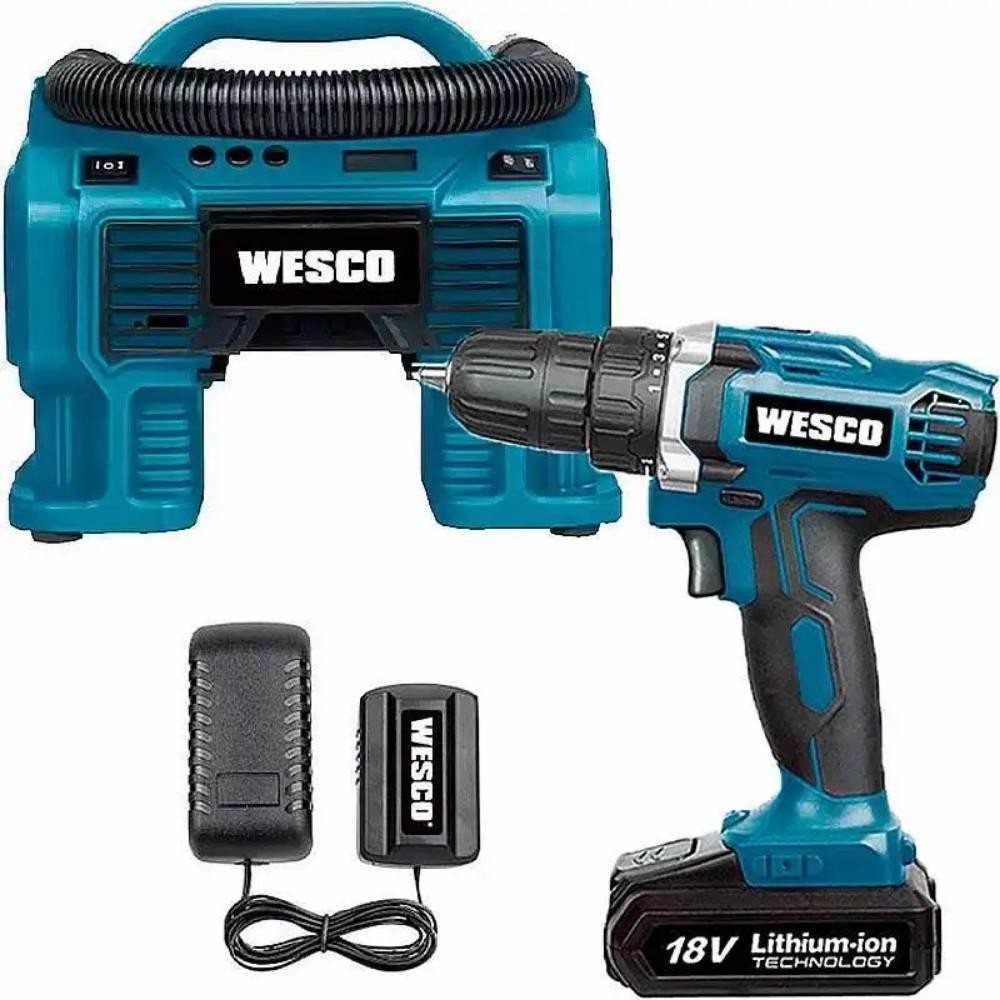 Parafusadeira Furadeira 18V 1 Bateria Carregador Compressor de Ar Portátil 160PSI 18V 3 Bicos WESCO