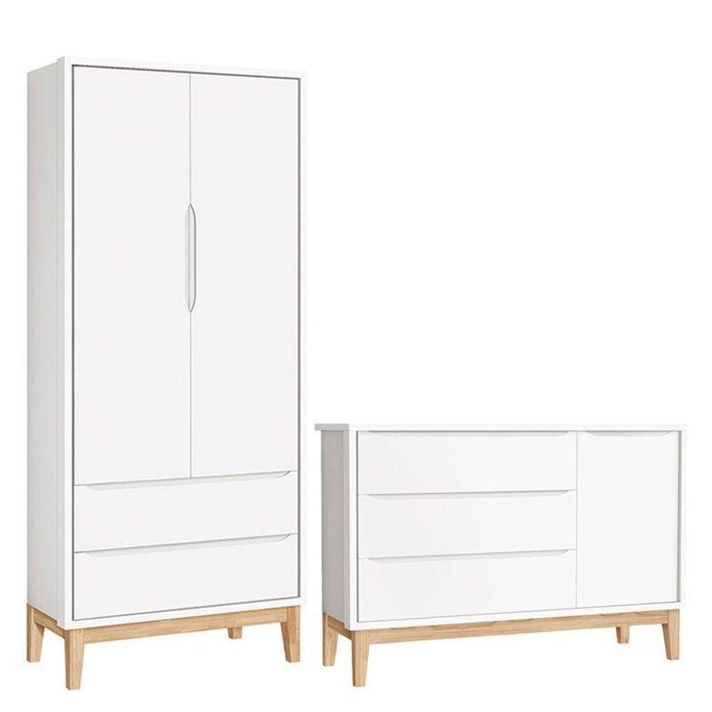Cômoda Com Porta E Guarda Roupa Infantil 2 Portas New Classic Branco Com Pés Madeira Natural ? Reller