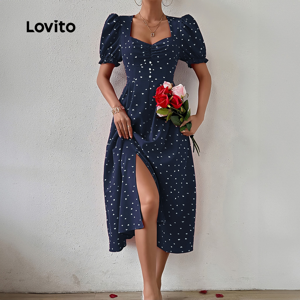 (Trendy) Lovito Vestido Casual em formato de coração com botão frontal redondo e mangas bufantes para mulheres LBL23193 em Oferta na Shopee