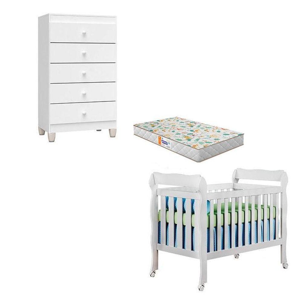 Berço Americano Lila Com Colchão Gazin E Cômoda Gaveteiro Ternura Baby personalização na cor Branco Brilho - Incorplac