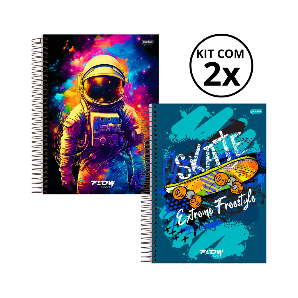 Kit 02 Cadernos Universitário 1 Matéria 80 Folhas Flow - Jandaia CAPA:Astronauta/Skate