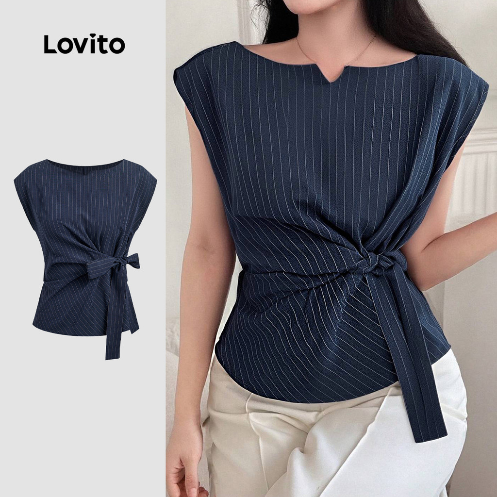 Lovito Blusa Elegante Assimétrica com Laço Na Frente para Trabalho Primavera/verão Azul-Marinho L142LD084 - Women Clothes