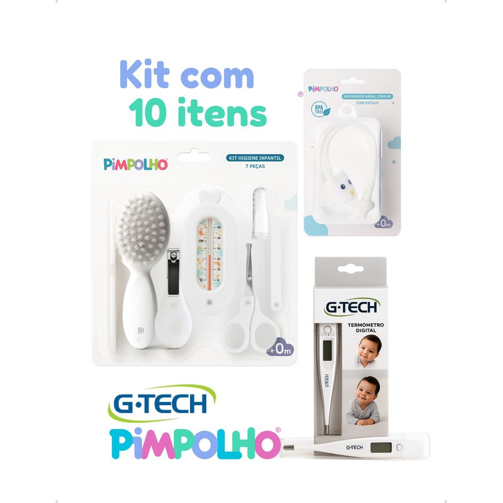 Kit Enxoval menino e menina para bebe 10 Peças – Com Termômetro G-Tech + Aspirador Nasal c/ Estojo Pimpolho e G-tech