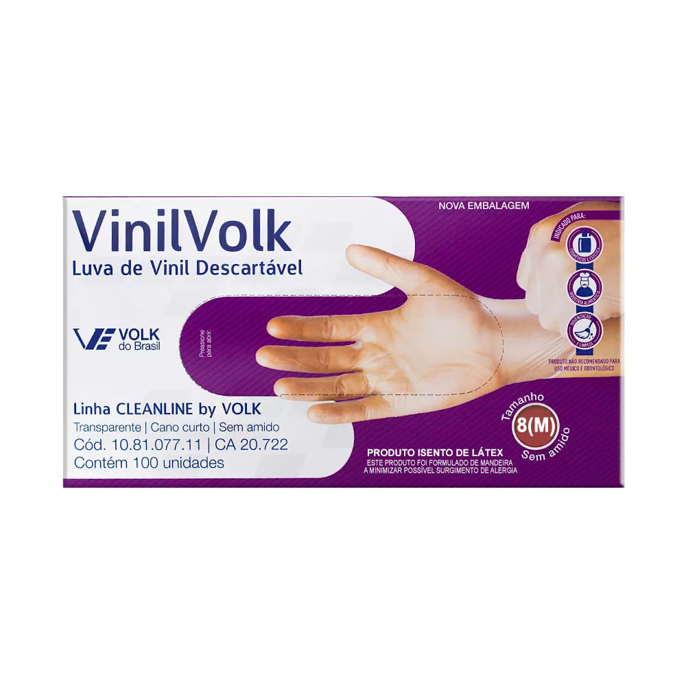 Luva de Vinil para Procedimentos VinilVolk Descartável Não Estéril Sem Amido Tamanho 8 (M) com 100 Unidades - Health