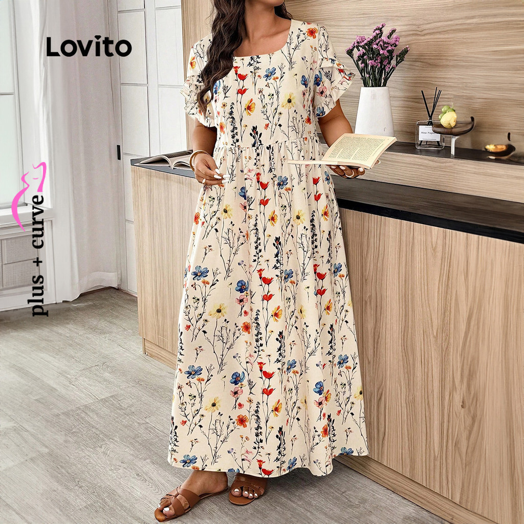 Detalhes do Lovito Vestido Casual com Babados de Flores para Primavera/verão para mulheres LBL27056