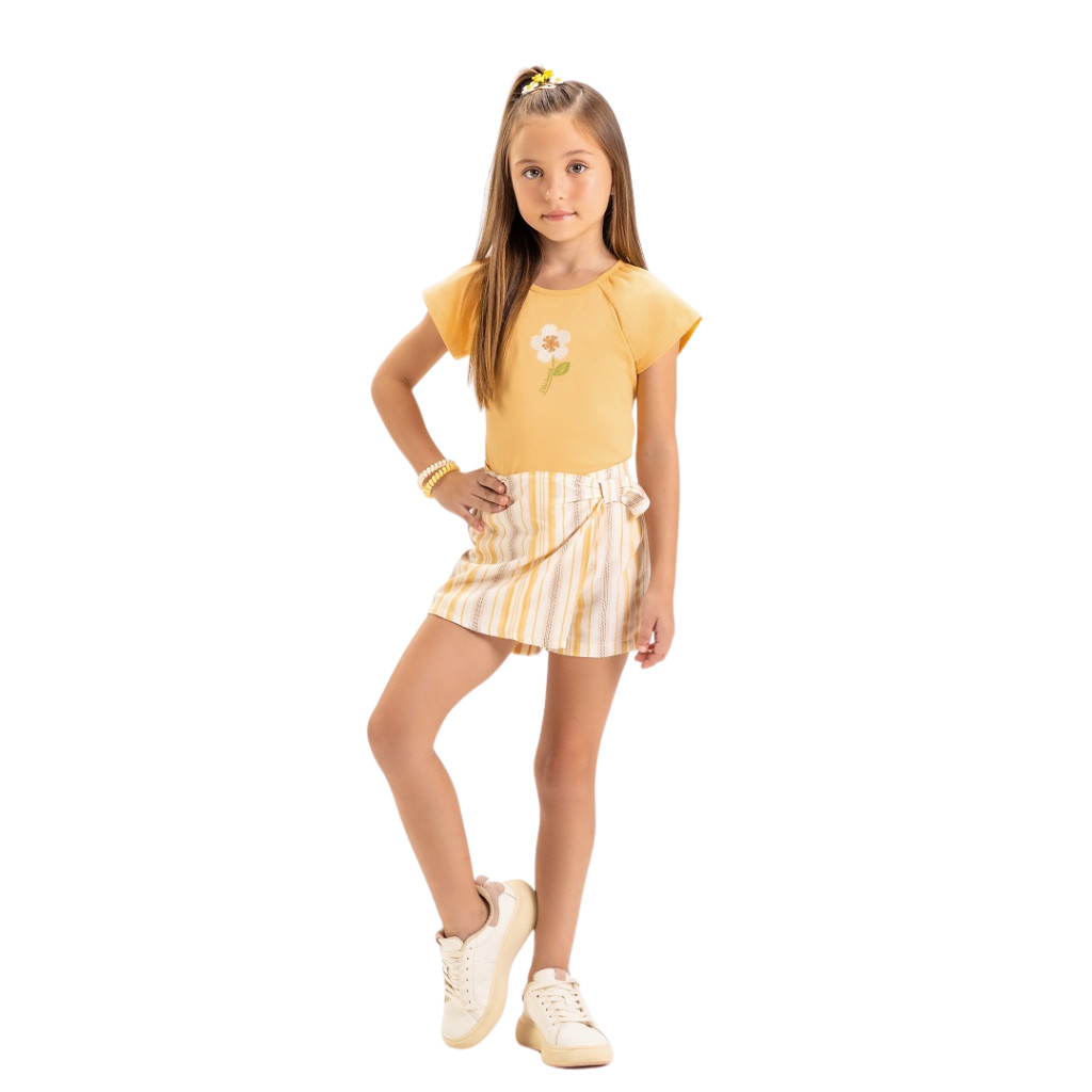 04617 CONJUNTO INFANTIL FEMININO BLUSA COTTON COM FIO LYCRA + SHORT-SAIA EM TECIDO LISTRADO