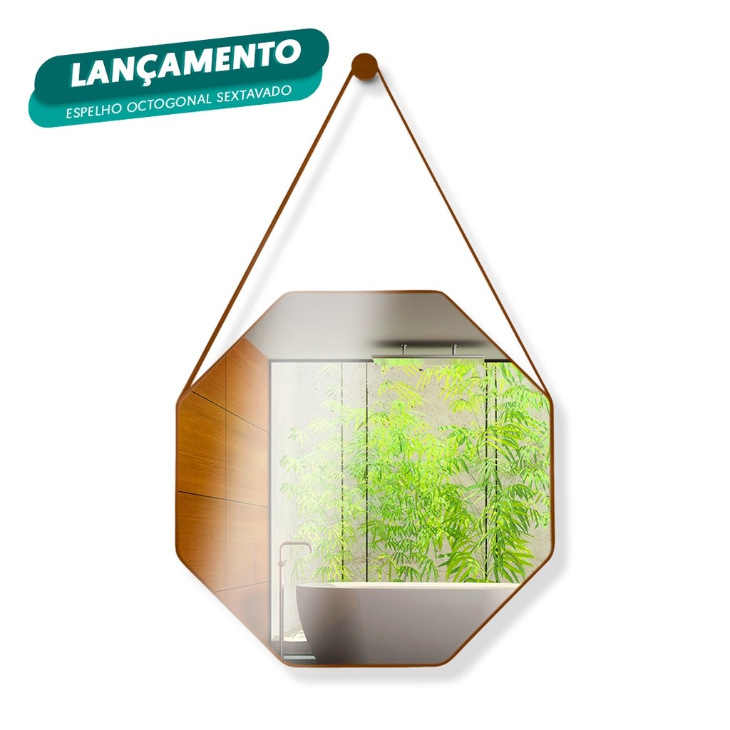 Espelho Adnet 60cm Octagonal Decorativo Sextavado Suspenso Com Alça De Couro + Pino Completo