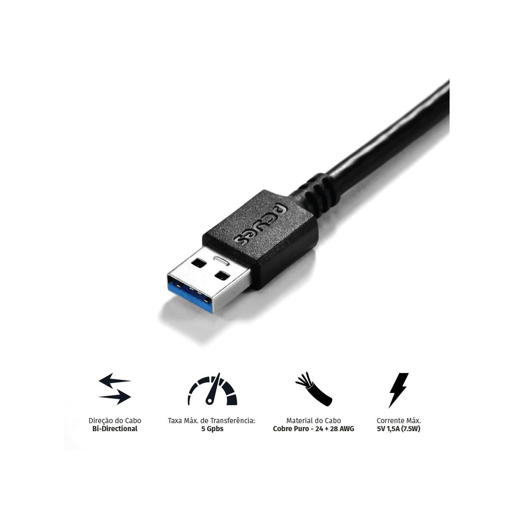 Cabo Para Hd Externo Usb A 3.0 Macho Para Micro Usb B 3.0 (10 Pinos) Macho 28awg Puro Cobre 5 Metros - Puamcm3-5