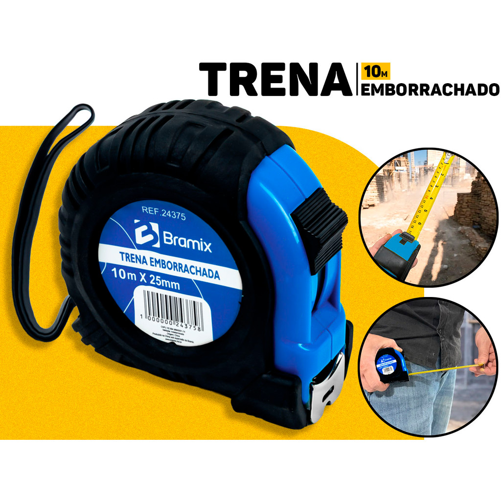 Trena Métrica Emborrachada 10m x 25mm Bramix Profissional Resistente P/ Medição De Obras Construção De Longa Distância em Oferta na Shopee
