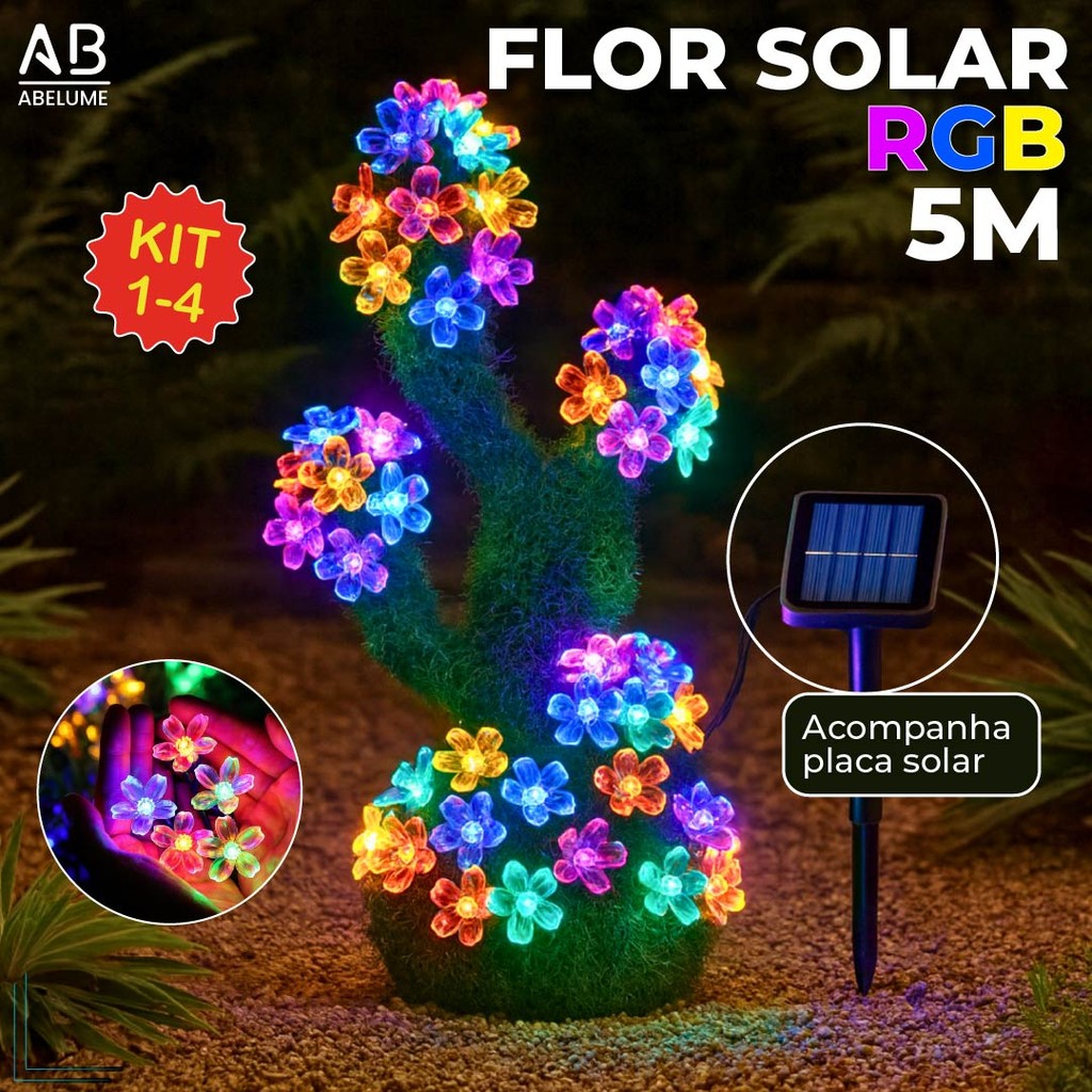 20M Luz Solar Fio de Fada Flor RGB 5M Led Com Placa Solar para ambientes externos em Oferta na Shopee