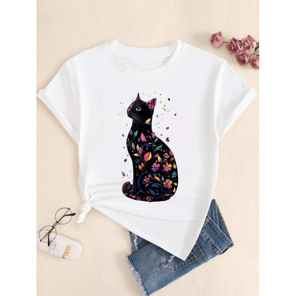 Bonito Camiseta Feminina Com Design Estilo Cartoon, Camiseta Estampada Em Algodão Confortável