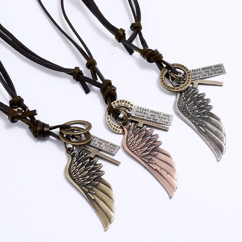 [Colar Jóias Punk Jewelry] Colar Jóias Jóias de Asa de Anjo Único Pingente de Asa de Anjo Tendência de Moda em Cadeia de Couro de Vaca Boutique Simples Tudo Combinado Colar Longo Ajustável para Homens