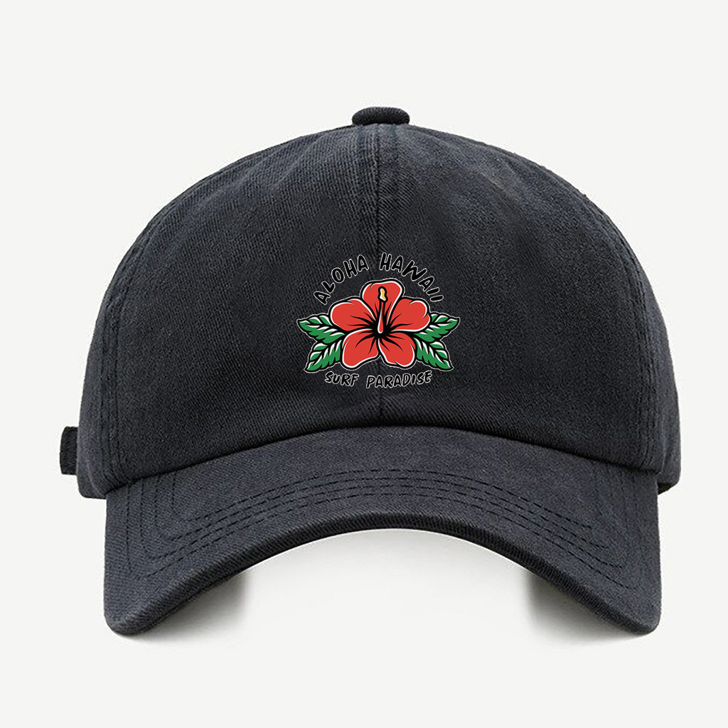 Bone baseball masculino preto Aloha Hawai Surf Paradise Com regualgem cores bege e branco