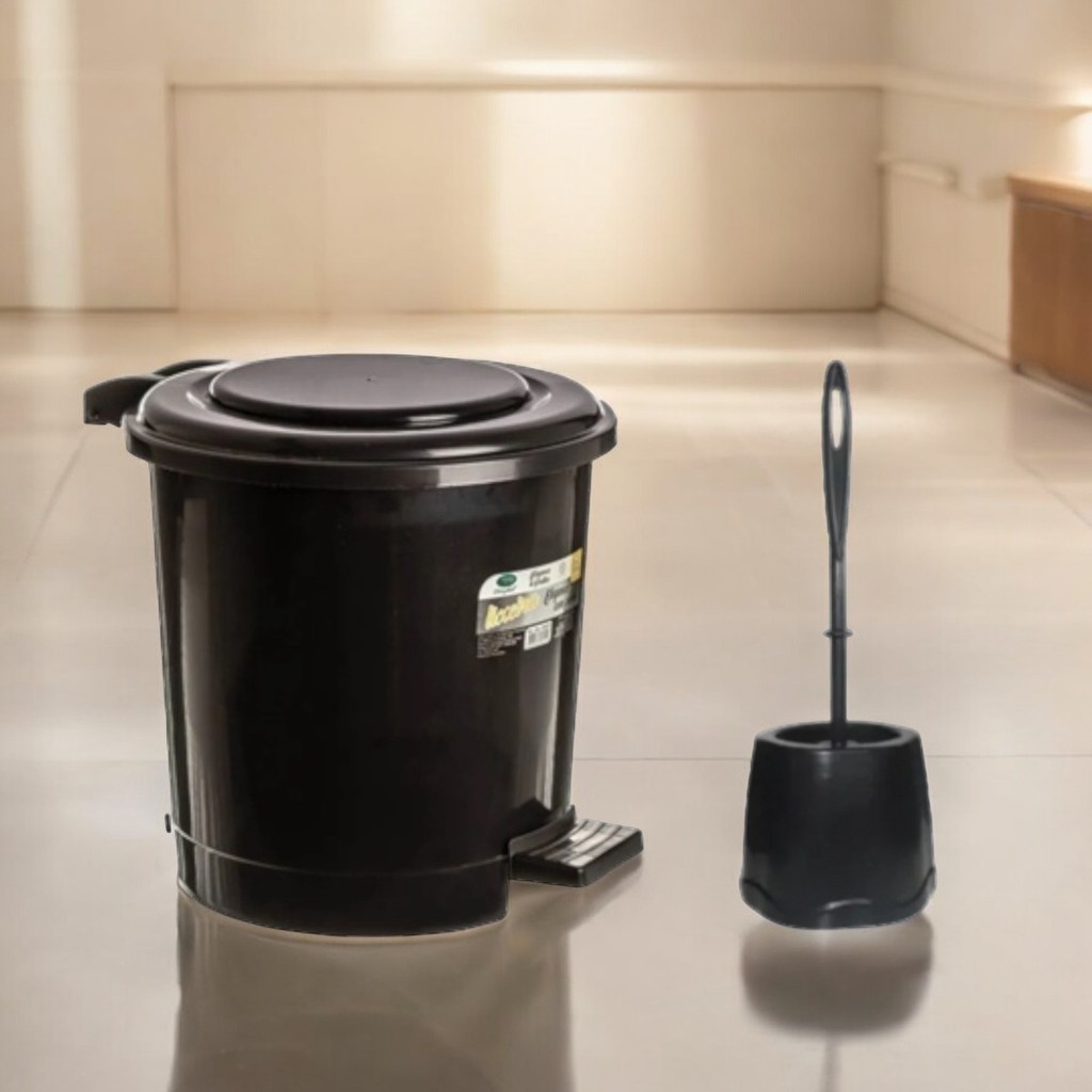 Lixeira Redonda Preta com Pedal 07 Litros + Escova Sanitária Preta Casa Utilidades Banheiro limpeza em Oferta na Shopee