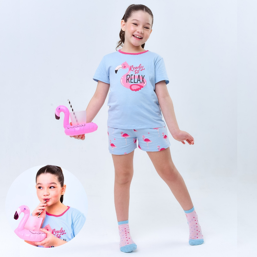 Pijama Infantil Menina  Verão + BRINDE Flamingo 100% Algodão short + camiseta + porta copo boia