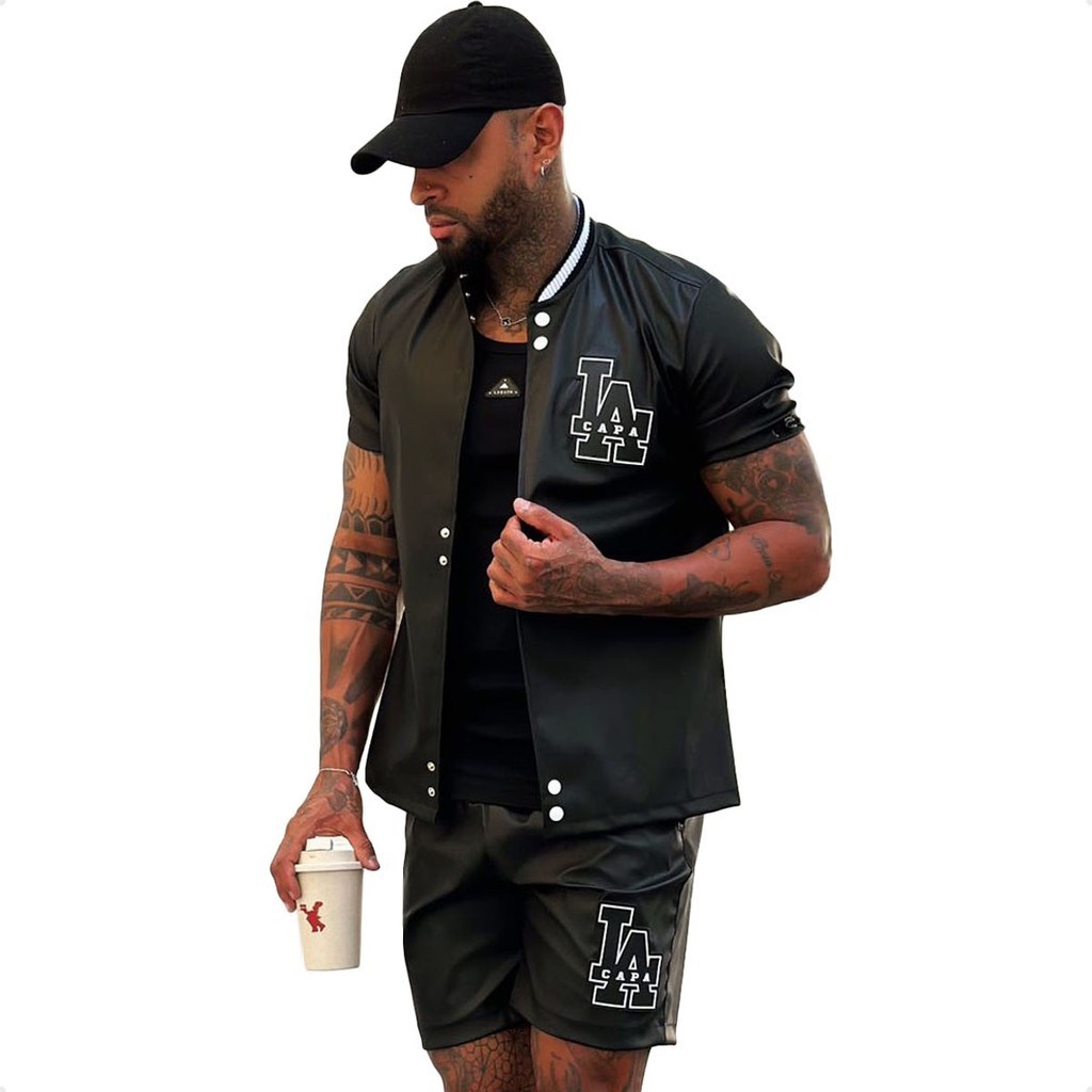 Conjunto Courino Lacapa Camisa Resinada Com Short Elastano Conjunto Jaqueta e Bermuda Streetwear