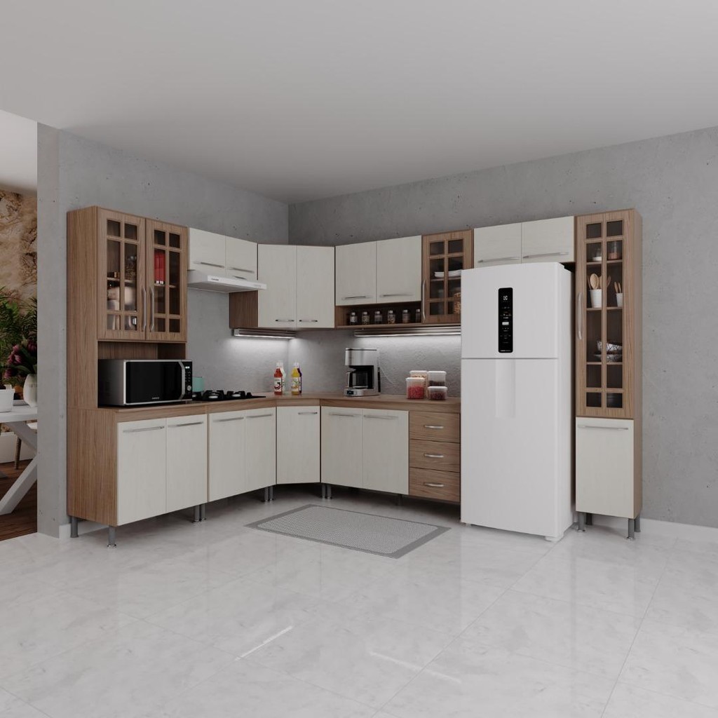 Cozinha Modulada Completa Fidelitá Paris 9 Peças 515cm 20 Portas 3 Gavetas Com Tampo Nogal/Salinas - Home & Living