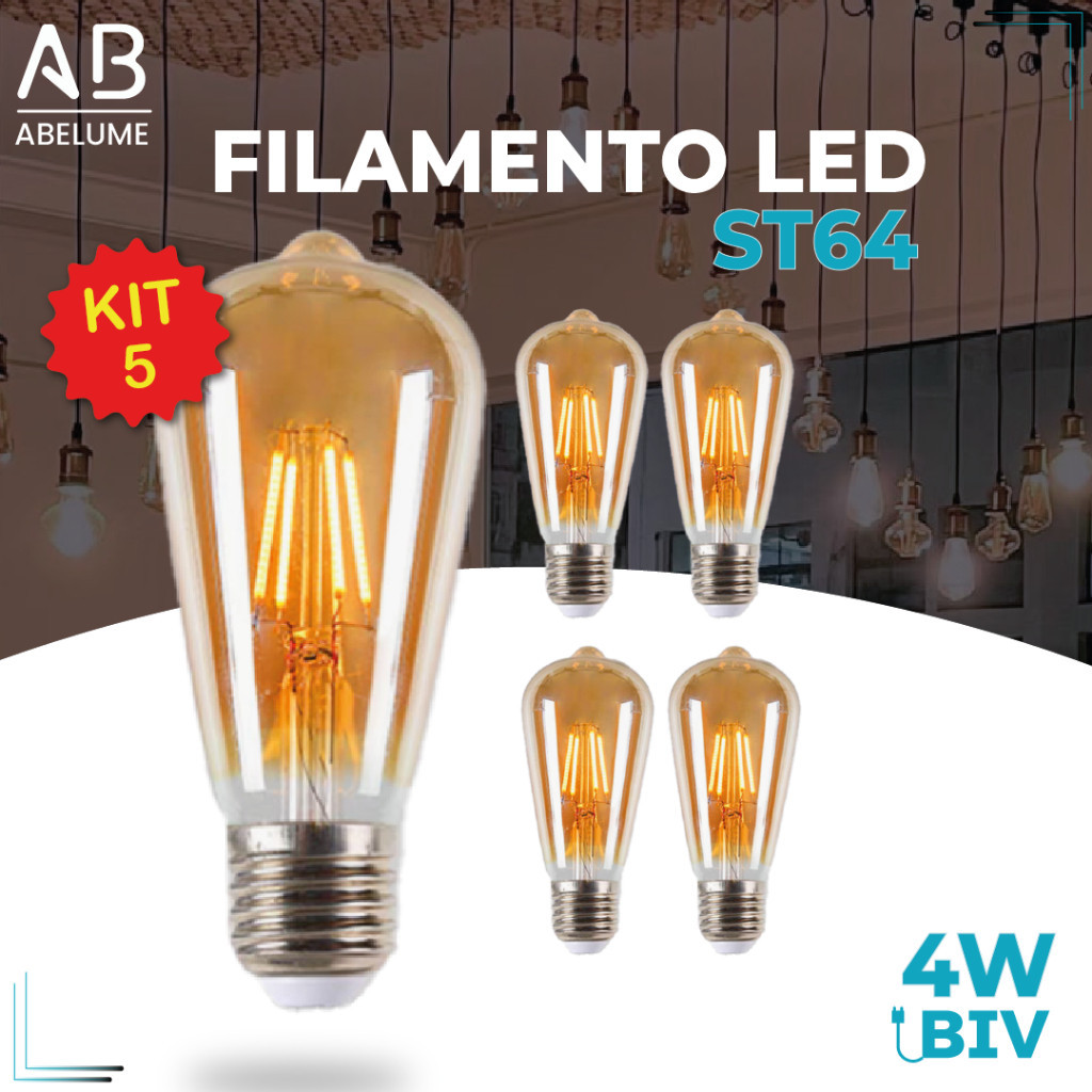 Kit 5 Lâmpada Filamento LED ST64 4W E27 LUZ QUENTE (AMARELO) Âmbar Retrô Vintage 110V~220V | Bivolt